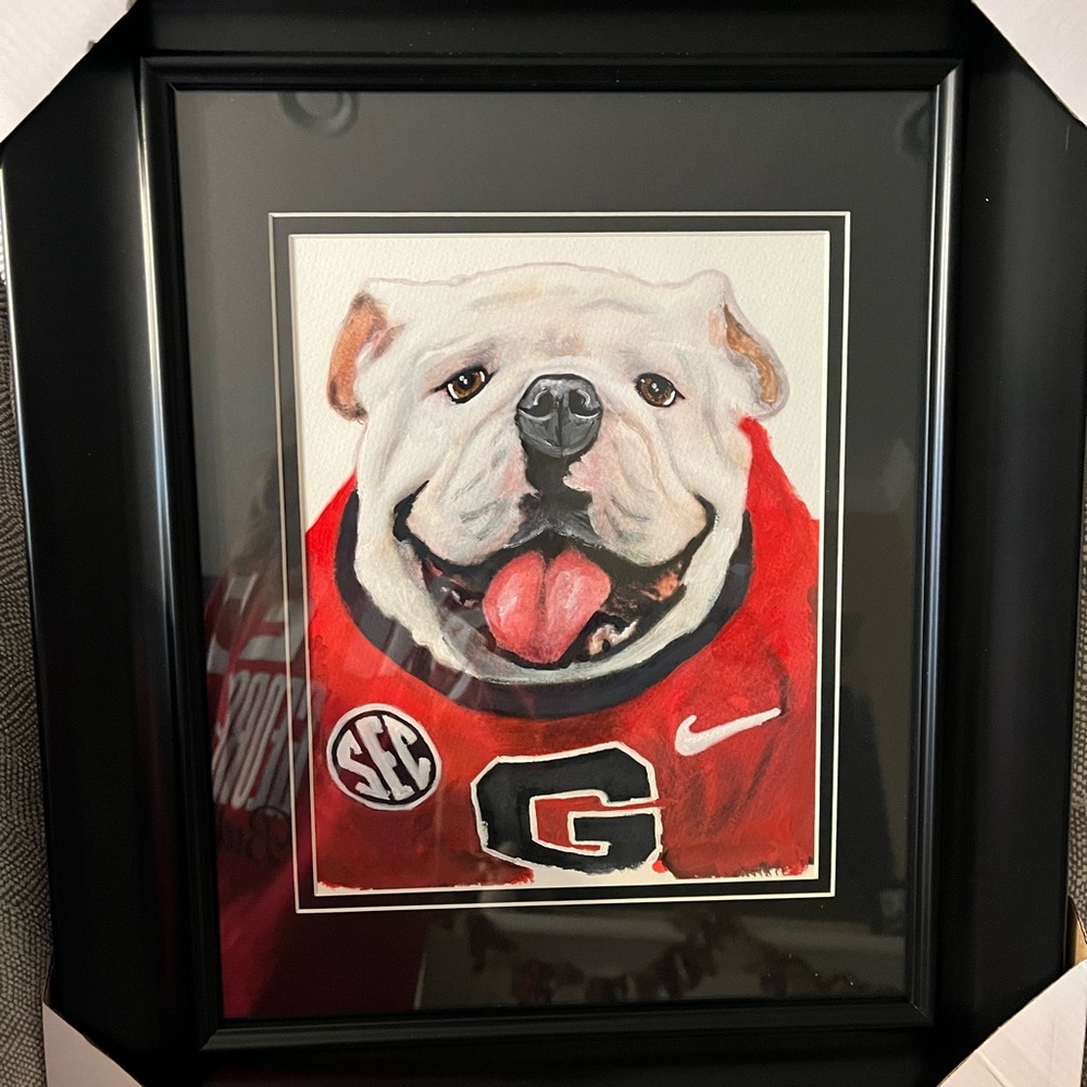 Framed Bulldog Art with Red Jersey
